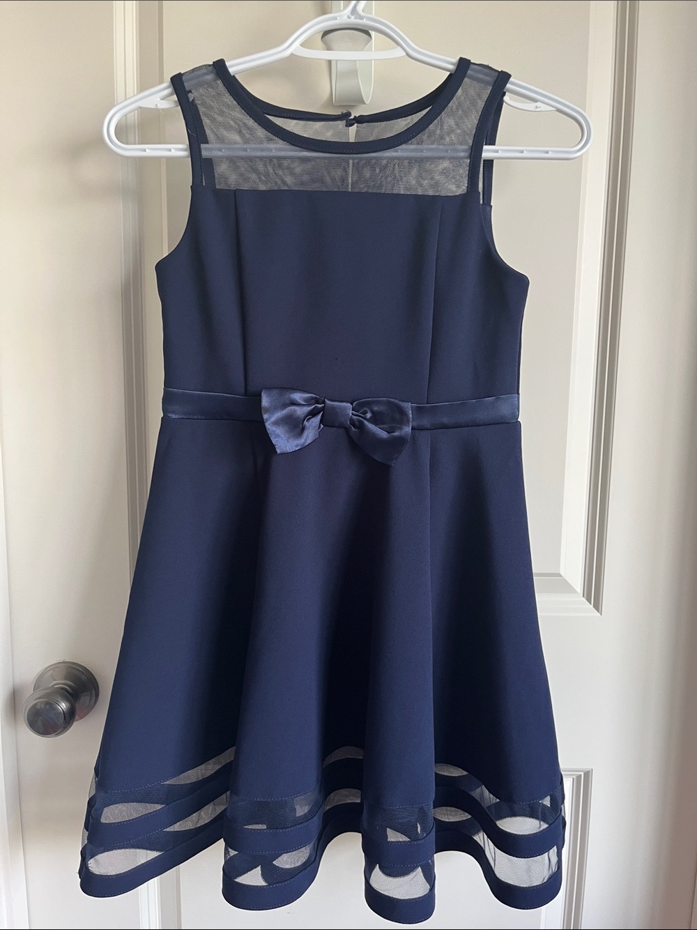 Calvin Klein Navy Mesh-Yoke Dress with Satin Bow